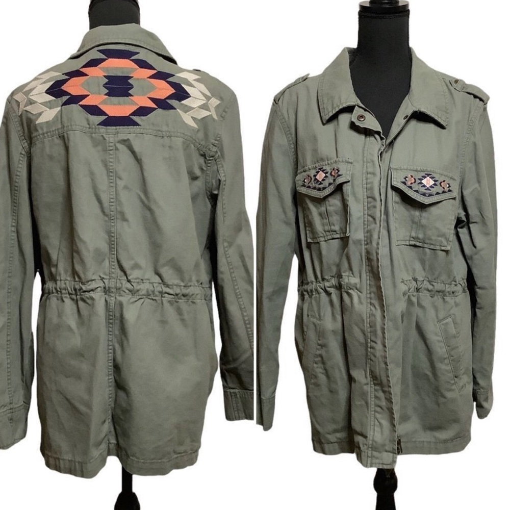 Wild Pearl Military Style Full Zip Jacket Aztec Tribal Patterns 4 Pocket Large.